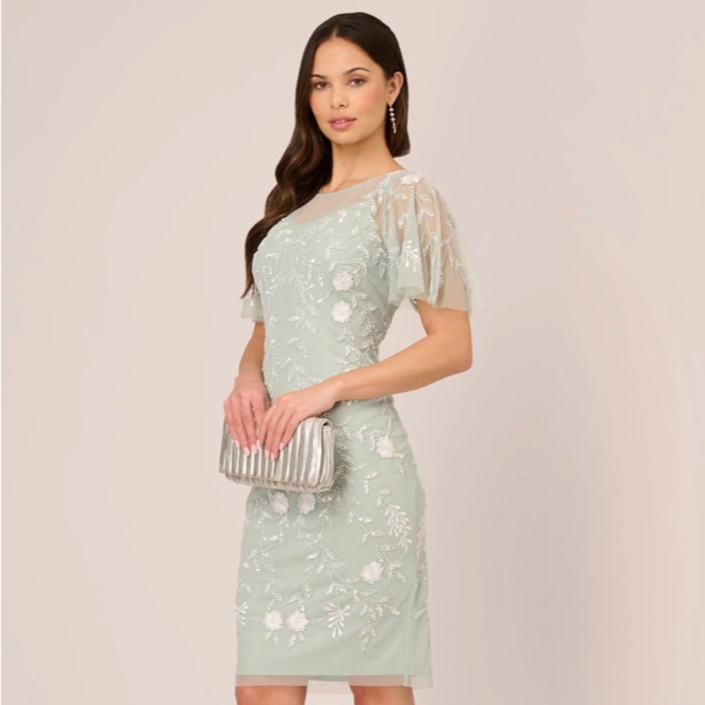FLORAL BEADED DRESS WITH SHEER FLUTTER SLEEVES IN ICY SAGE IVORY, size 8